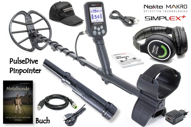 Nokta/Makro Simplex+ Funkkopfhörer Ausrüstungspaket III (Metalldetektor mit Funkkopfhörer & PulseDive Pinpointer & Schatzsucherhandbuch)